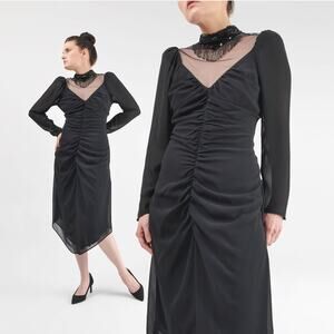 Vintage Black Sheer Mesh Fringe Beaded Choker Goth Puff Sleeve Dress S